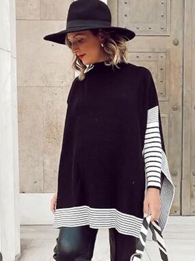 NWT DOE & RAE Mock Neck Striped Sleeve Oversized Poncho Sweater SZ L Black White
